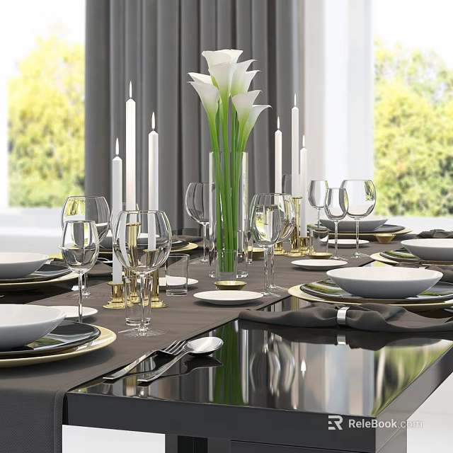 Elegant Dinnerware Set With Calla Lilies Candles Wine Glasses And Plates 3d model 