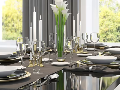 Elegant Dinnerware Set With Calla Lilies Candles Wine Glasses And Plates 3d model