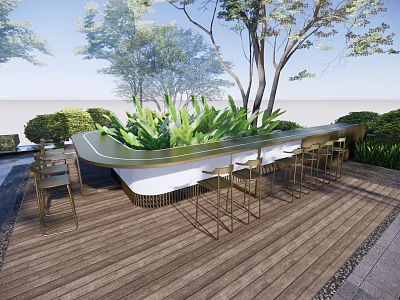 Outdoor Wooden Deck Table And Chair Set With Golden Bar Stools And Green Plants 3d model