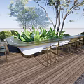 Outdoor Wooden Deck Table And Chair Set With Golden Bar Stools And Green Plants