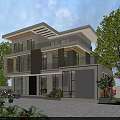 Modern Two Story Detached Villa Exterior With Large Windows And Lush Greenery