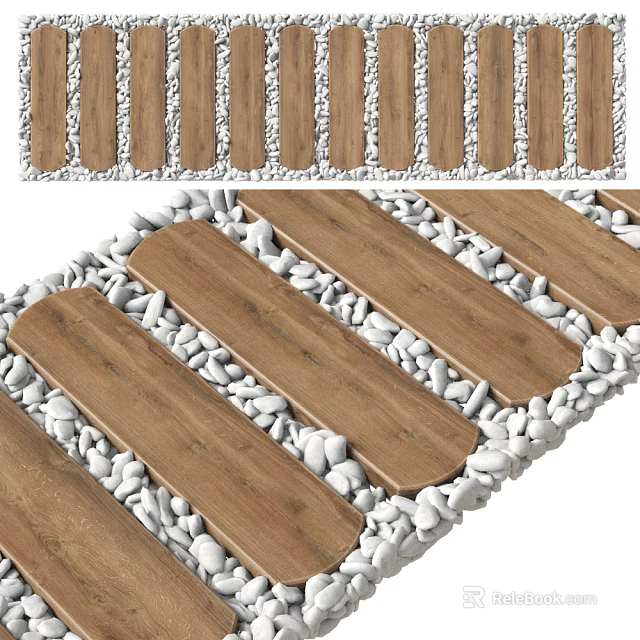 Natural Pebble And Wooden Planks Outdoor Pathway Design For Garden 3d model 