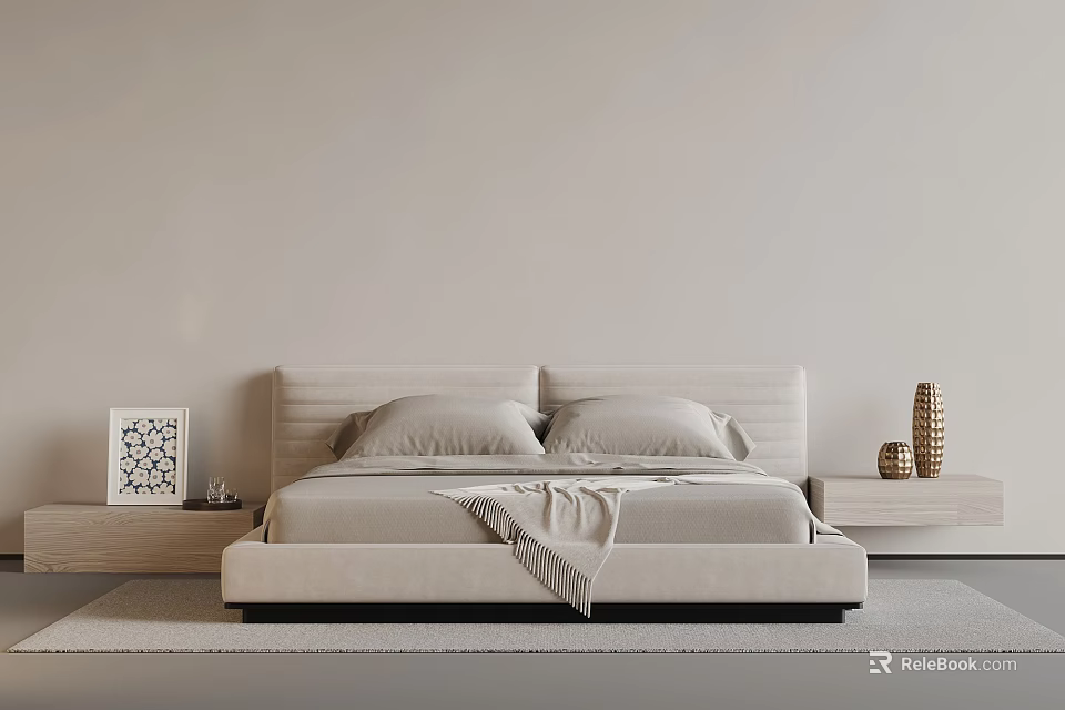 Minimalist Modern Double Bed With Upholstered Headboard And Nightstands With Decorative Vases And Artwork 3d model 
