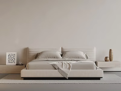 Minimalist Modern Double Bed With Upholstered Headboard And Nightstands With Decorative Vases And Artwork 3d model