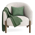 Comfortable Beige Fabric Single Chair With Wooden Legs Green Cushion And Geometric Pattern Blanket