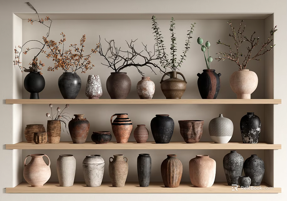 Various Colored Vases With Flowers in Different Shapes on Wooden Shelves 3d model 