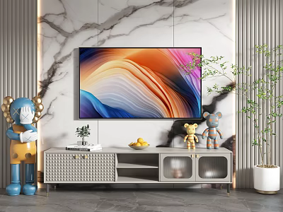 Modern TV Stand With Storage Drawers Decorative Bears Banana Potted Plant And Marble Wall 3d model