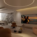 Modern Living Room Design With Large Screen TV Curved Sofa Marble Countertop And Circular Light