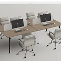 Modern Office Work Desk With Wooden Top Multiple Workstations Dividers Computers And White Chairs