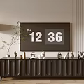 Modern Black TV Stand With Vertical Panel Design Floor Lamp Plant And Decorative Items