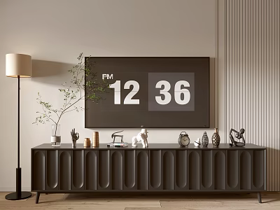 Modern Black TV Stand With Vertical Panel Design Floor Lamp Plant And Decorative Items 3d model