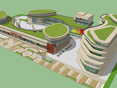 Modern Commercial Complex with Green Roof Design and Plaza Pedestrian Areas 3d model