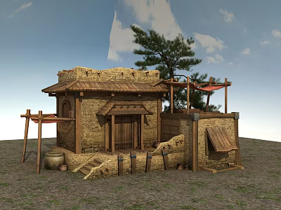 Traditional Adobe House With Thatched Roof Wooden Door And Pine Tree In Rural Setting 3d model