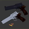 Blue And Silver Pistols With Wooden Handles And Bullets On Dark Surface