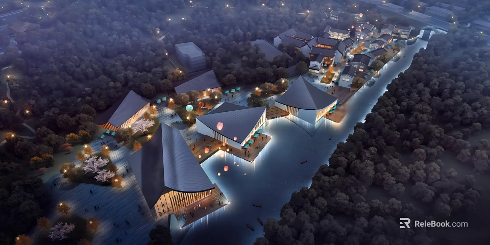 Boutique Homestay Buildings With Unique Roof Design Illuminated At Night By Waterfront And Trees 3d model 