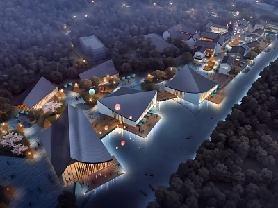 Boutique Homestay Buildings With Unique Roof Design Illuminated At Night By Waterfront And Trees 3d model