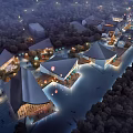 Boutique Homestay Buildings With Unique Roof Design Illuminated At Night By Waterfront And Trees