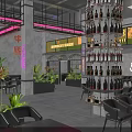 Modern Chinese Restaurant Interior With Neon Lights Wine Bottle Tower Tables Chairs And Green Plants