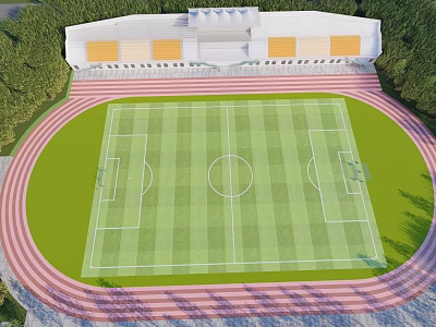 Professional Soccer Field With Red Running Track Green Pitch And White Building Surrounding Trees 3d model