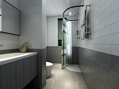 Modern Minimalist Bathroom Interior With Grey And White Tiles Sink Toilet And Independent Shower Area 3d model