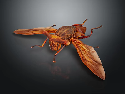 Brown Insect with Large Wings and Detailed Body Structure on Dark Background with Reflection 3d model