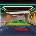 Modern Billiard Room Interior With Neon Lights Billiard Tables And Comfortable Seats