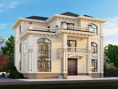 Classic Two Story Detached Villa With White Exterior Black Roof And Large Windows 3d model