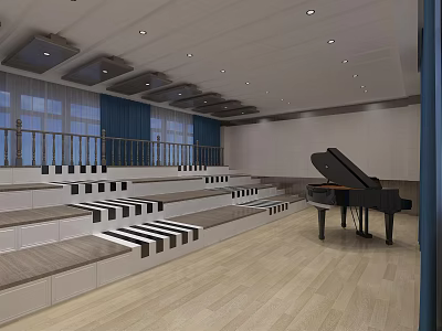 Kindergarten Activity Room With Stepped Seating Piano Blue Curtains And Wooden Floor 3d model