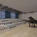 Kindergarten Activity Room With Stepped Seating Piano Blue Curtains And Wooden Floor
