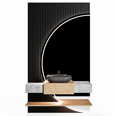 Modern Bathroom Washbasin Design With Circular Light Black Backdrop And Marble Wooden Countertop 3d model