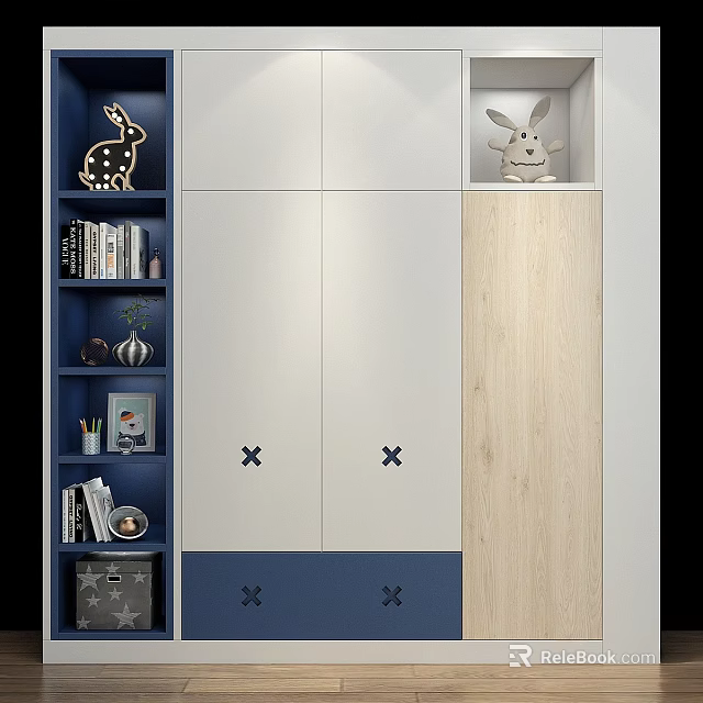 Modern Wardrobe Interior Design With White And Wooden Panels Cross Decorations And Storage Shelves 3d model 