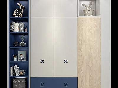 Modern Wardrobe Interior Design With White And Wooden Panels Cross Decorations And Storage Shelves 3d model