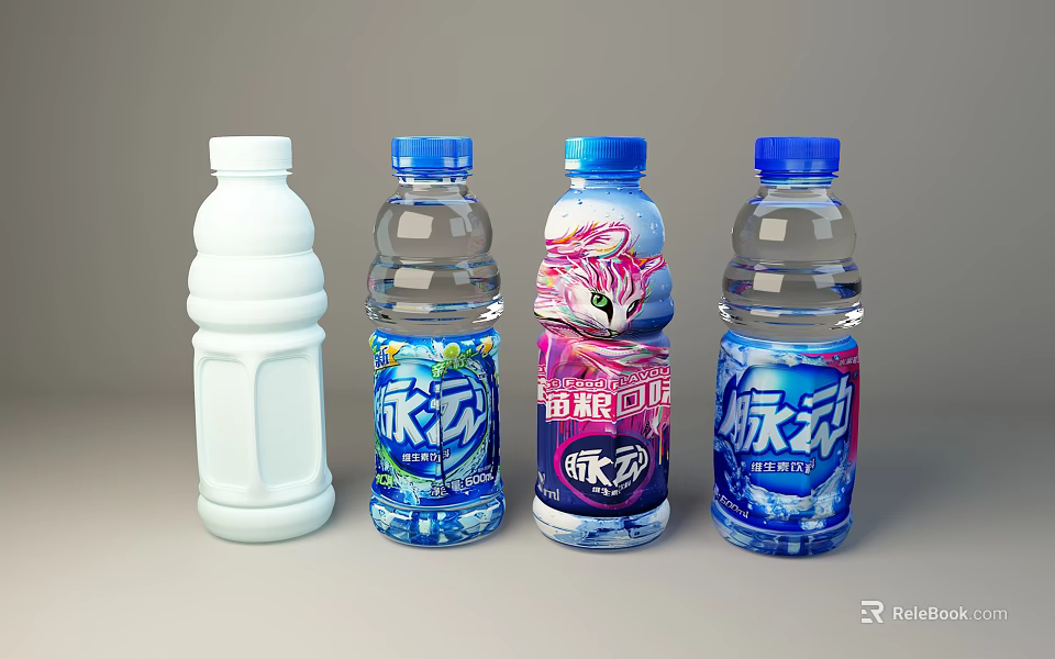 Assorted Beverage Bottles Including White Transparent With Blue Caps And Colorful Sports Energy Labels 3d model 