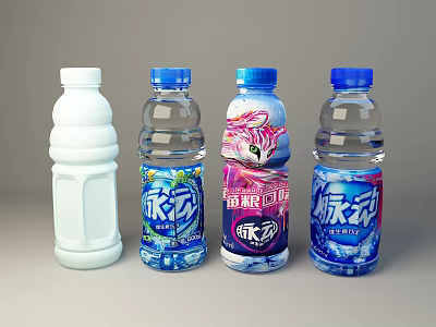 Assorted Beverage Bottles Including White Transparent With Blue Caps And Colorful Sports Energy Labels 3d model