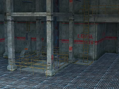 Industrial Indoor Area Featuring Concrete Columns Metal Railings Ladders And Grid Floor 3d model