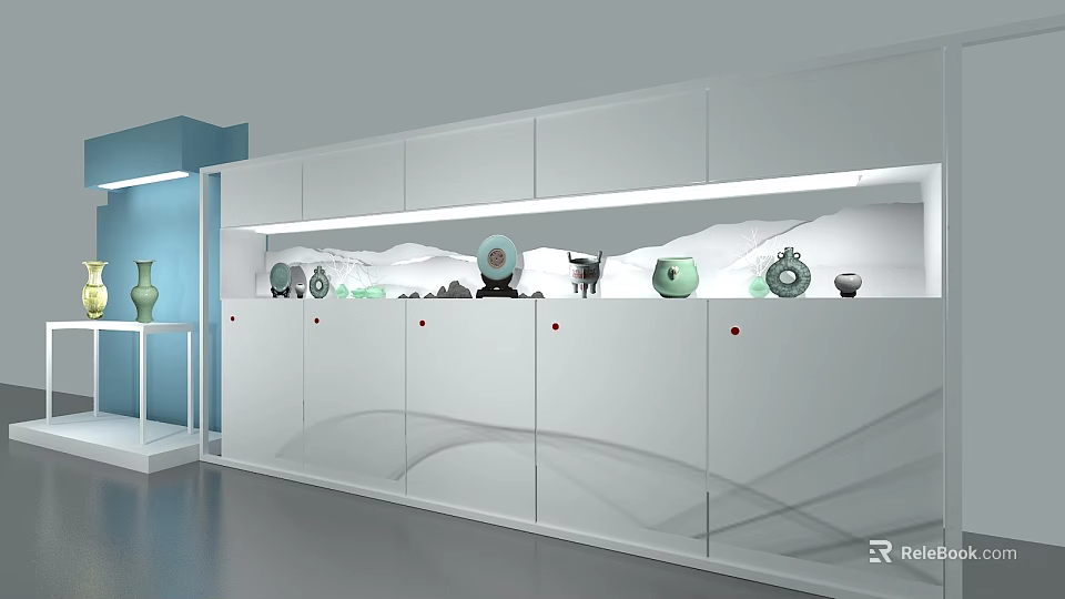 Modern White Display Cabinet Shelving With Green Ceramic Decorative Items And Lighting 3d model 
