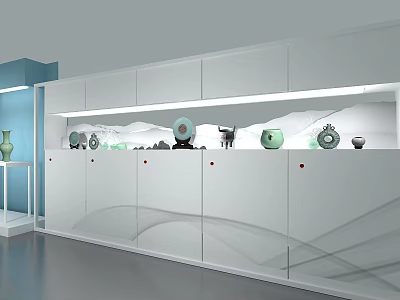 Modern White Display Cabinet Shelving With Green Ceramic Decorative Items And Lighting 3d model