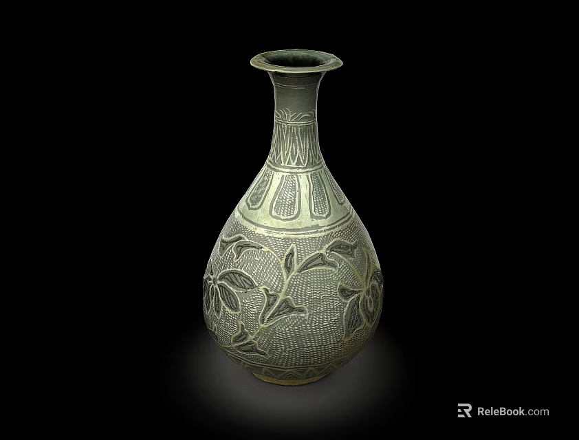 Traditional Ceramic Vase With Carved Floral Leaf Motifs And Celadon Green Color 3d model 