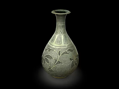 Traditional Ceramic Vase With Carved Floral Leaf Motifs And Celadon Green Color 3d model