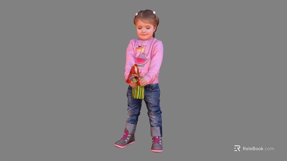 Little Girl Dressed In Pink Long Sleeve Top Blue Jeans And Gray Rain Boots 3d model 