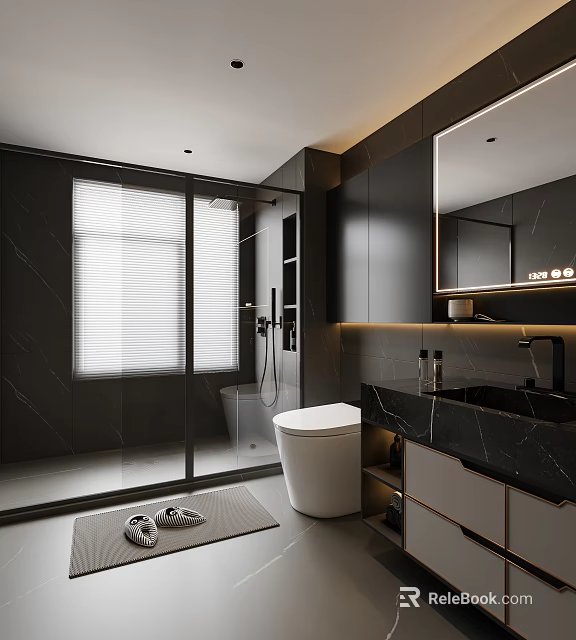 Modern Dark Bathroom Interior With Glass Shower Toilet And Marble Vanity Sink 3d model 