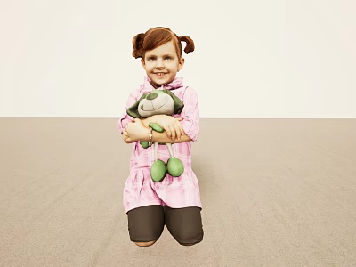 Young girl holding stuffed toy in pink plaid dress with black pants against light background 3d model