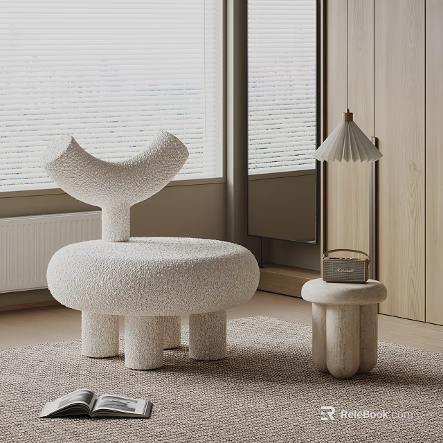 Modern Minimalist White Single Seater Sofa with Textured Fabric and Wooden Side Table by Window 3d model 