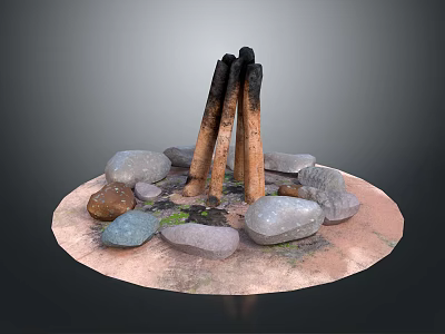 Decorative Garden Ornament With Circular Base Stones And Upright Wooden Logs 3d model