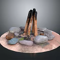 Decorative Garden Ornament With Circular Base Stones And Upright Wooden Logs