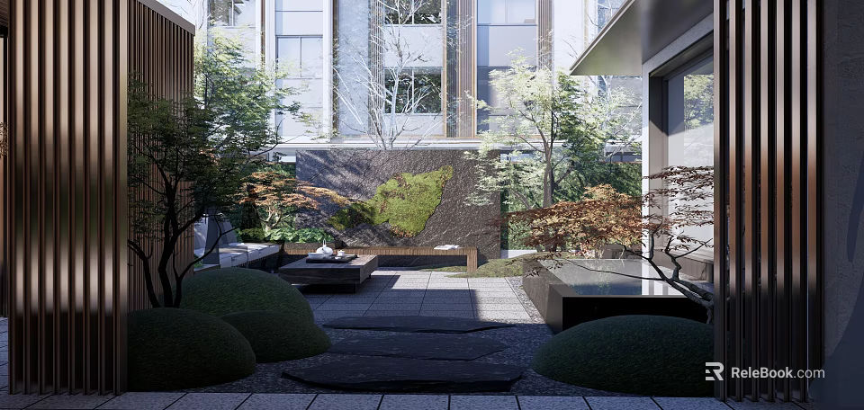 Tranquil Garden Landscape Featuring Courtyard Moss Wall Red Leaf Trees Stone Pavement And Trimmed Shrubs 3d model 