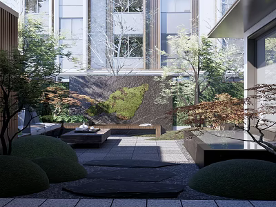 Tranquil Garden Landscape Featuring Courtyard Moss Wall Red Leaf Trees Stone Pavement And Trimmed Shrubs 3d model