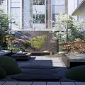 Tranquil Garden Landscape Featuring Courtyard Moss Wall Red Leaf Trees Stone Pavement And Trimmed Shrubs