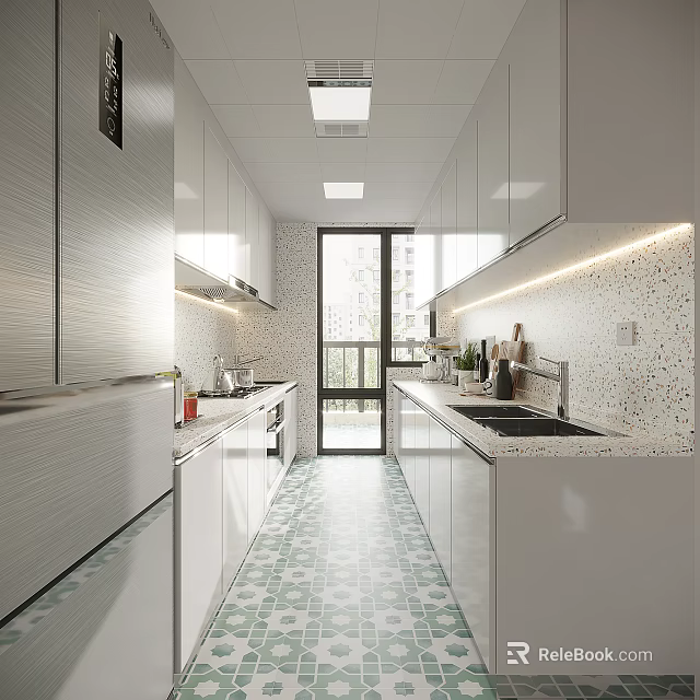 Modern Kitchen Interior With White Cabinets Countertop Green Tiled Floor And Large Window 3d model 
