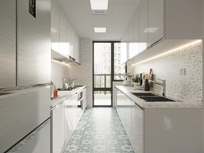 Modern Kitchen Interior With White Cabinets Countertop Green Tiled Floor And Large Window 3d model